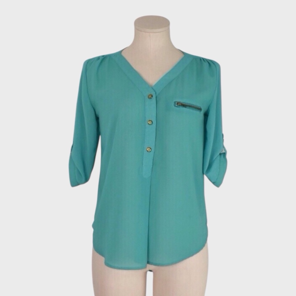 Papermoon Teal Roll-Tab Hi-Lo‎ Blouse
